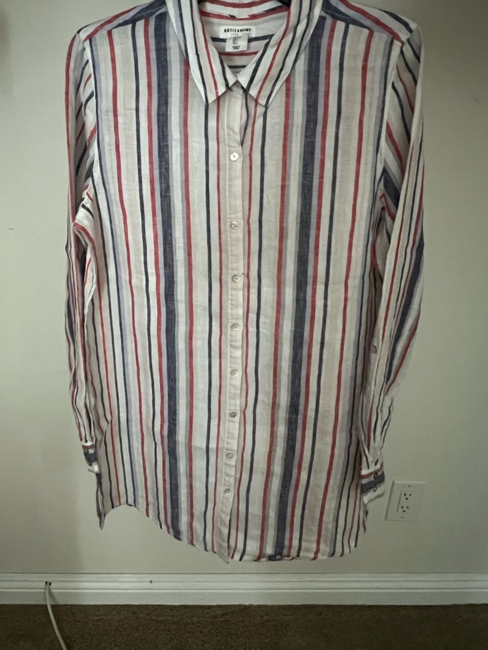Artisan Ny women linen Button-Up Shirt long sleeve with Red and Blue & white